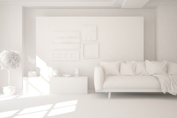White minimalist living room with sofa. Scandinavian interior design. 3D illustration