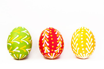 Handmade decoration easter eggs. Vibrant color painted chicken eggs for celebrating easter holiday....