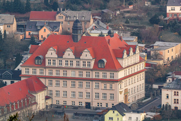 Blick vom Kriebelstein auf Elsterberg im Vogtland bei Sonnenaufgang