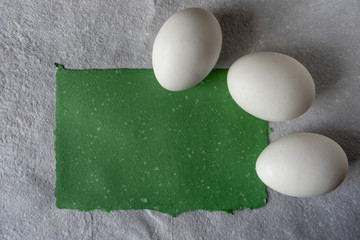 White eggs on paper background, copy space.