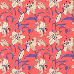 Oriental Lilies floral pink seamless pattern