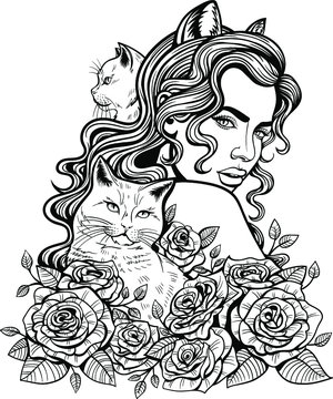 Vector Black and White Woman with Cats Illustration