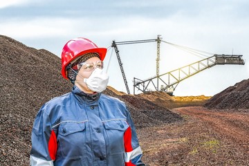 Naklejka premium labor protection. Female hard work. harmful production. Work clothes, vest and helmet.