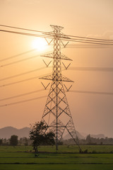 High voltage pole, Transmission tower with the sun on field in countryside at sunset