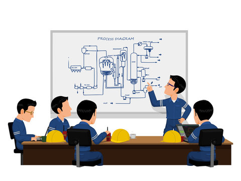 Five workers is meeting on white background