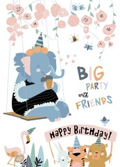 Cartoon holiday card with funny elephant. Happy Birthday