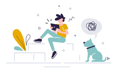 Vector creative business illustration of young man with tablet in a sitting pose and dog on white background with plant. People place work at home.