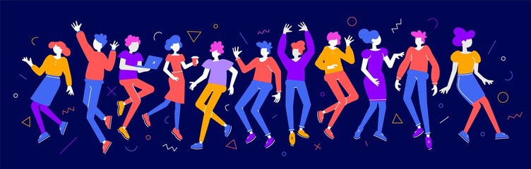Vector bright color illustration of group of young happy dancing