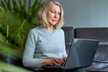 Serious woman using laptop checking email news online sitting on sofa, searching for friends in...