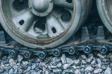 Military tank. Caterpillars of a tank close-up.