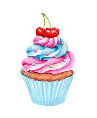 Watercolor cupcake with berries. Sweet for Birthday postcard Greeting card. Dessert for holiday and party. Hand drawn illustration for menu. Artistic design with food  for cafe. Freehand drawing