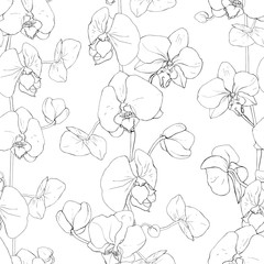 Seamless floral pattern with black contour flowers orchid on white background. Hand drawn. Outline tropical plants for design, textile, print, wallpapers, wrapping paper. Vector stock illustration.