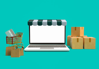 3d rendering of computer laptop, cart, box, credit card and shopping bag on blue background. 3d minimal concept for marketing online, shopping online or business e-commerce