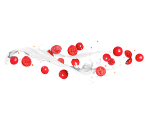 Whole and sliced cranberries with milk splashes