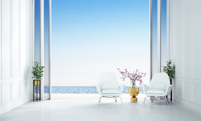 White living room interior design and sea view background