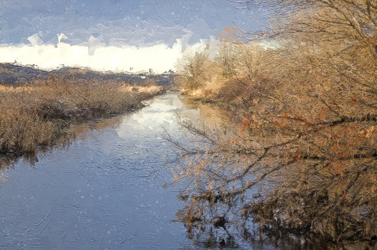 Impressionistic Style Artwork of a Cold Autumn Morning in the Marsh