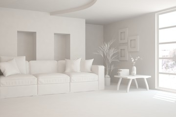 White minimalist living room with sofa. Scandinavian interior design. 3D illustration