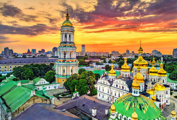 Dormition Cathedral and the Bell Tower of Pechersk Lavra in Kiev. UNESCO world heritage in Ukraine