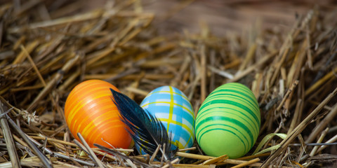 Fototapeta na wymiar close-up of Easter eggs decorated in a basket with straw and a black feather 
