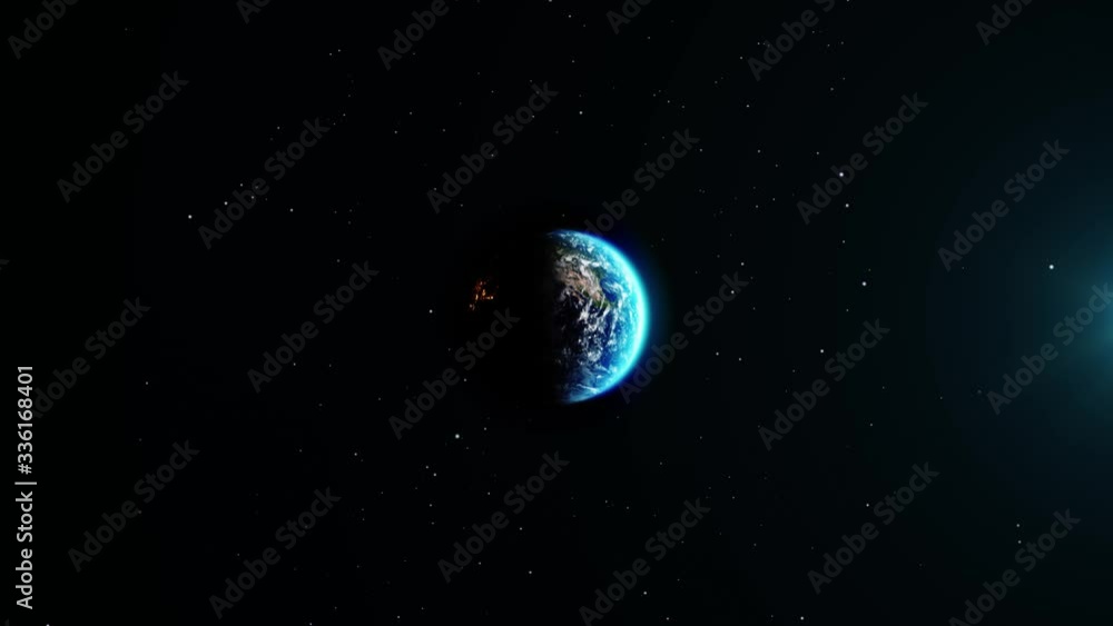 Poster planet earth rotating at night and day from space with stars loop animation 3d 4k. space, planet, ga
