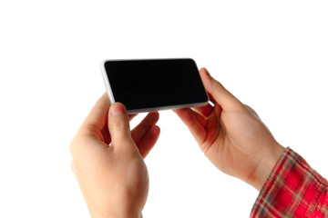 Close up shoot of young caucasian man using mobile smartphone with blank screen isolated on white studio background. Concept of modern technologies, gadgets, tech, emotions, advertising. Copyspace.
