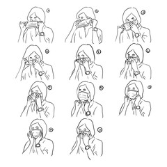 Fototapeta na wymiar Set of woman showing how to correctly wear hygiene surgical mask vector illustration sketch doodle hand drawn isolated on white background