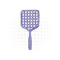 Fly swatter icon. Hand drawn sketched picture with scribble fill. Blue ink. Doodle on white background
