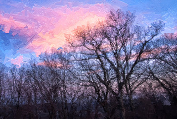 Impressionistic Style Artwork of Early Morning Sun Rising Over the Winter Trees