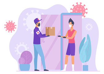 Food delivery courier delivers parcel to self isolated people concept flat vector illustration. Courier and customer in gloves, face medical masks keep safe distance during quarantine covid 19