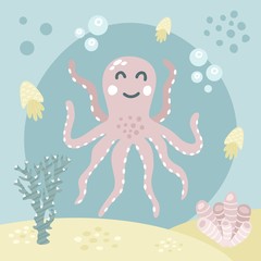 Cartoon cute octopus. Hand drawn doodle vector illustration. 