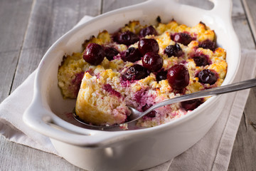 Casserole with cottage cheese and cherries