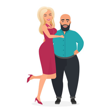 Atypical weird interracial couple flat vector illustration. Beautiful blond podium model woman on heels in elegant dress with low hight fat overweight bald bearded man. Unequal marriage.