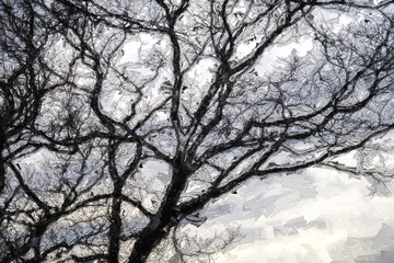 Impressionistic Style Artwork of Dark Ominous Silhouetted Tree on a Cold Overcast Morning