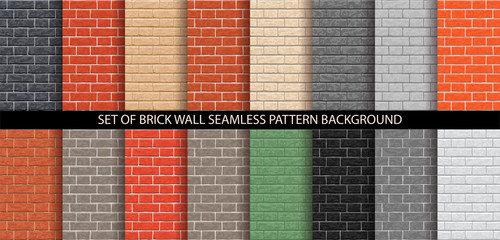 Brick wall seamless pattern set. Different brick background textures - red, orange, gray, black, brown, green, beige, light colors. Set of seamless brick wall texture. Vector pattern illustration.
