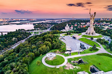 Aerial view of the Motherland Monument and the Second World War Museum in Kiev, the capital of...