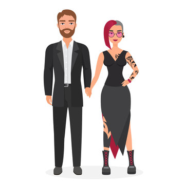 Cute original couple man and woman flat vector illustration. Nonconformist girl in alternative fashion clothes with boyfriend in classic business suit. Unequal marriage, strange couple.