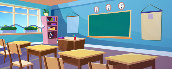 Secondary school empty classroom panoramic interior cartoon panorama vector illustration. Class room panorama with big clear window, plants, comfortable wooden desks, chairs and blackboard