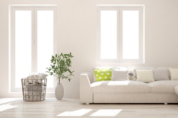 White living room with sofa. Scandinavian interior design. 3D illustration