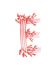 Letter E pink colored seaweeds underwater ocean plant sea coral elements flat vector illustration on white background