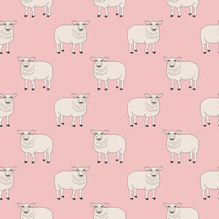 Seamless pattern with sheep, farm (domestic) animal isolated on pink background. Cute print with colored graphic elements for textile, fabric, wrapping paper, scrapbooking, web design