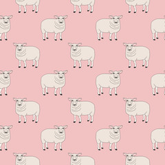 Obraz premium Seamless pattern with sheep, farm (domestic) animal isolated on pink background. Cute print with colored graphic elements for textile, fabric, wrapping paper, scrapbooking, web design