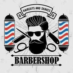 Barbershop Logo with barber pole and bearded men in sunglasses. Vector template