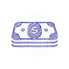 Pack of dollar money or vouchers. Business icon. Hand drawn sketched picture with scribble fill. Blue ink. Doodle on white background