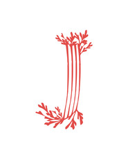 Letter J pink colored seaweeds underwater ocean plant sea coral elements flat vector illustration on white background