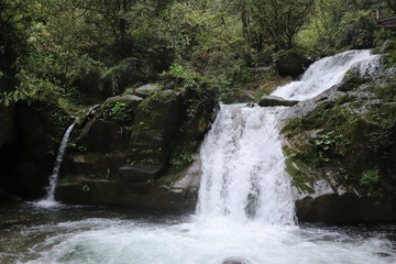 Beautiful landscape of a waterfall in a forest in a Mountain in Sichuan, China