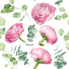 Watercolor flower seamless pattern, hand drawn peony and eucalyptus repeating background.