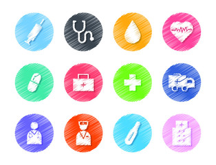 Hand rawn medical flat icons. Stroke vector elements for trendy and modern design. Vector line icons isolated on a white background. Vector illustration. Vintage texture icons.