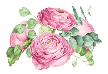 Watercolor flower bouquet, hand drawn peony and eucalyptus arrangement on white background.