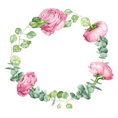 Watercolor flower wreath, hand drawn peony and eucalyptus frame on white background.