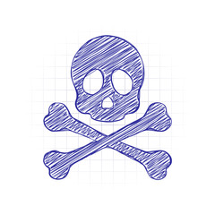 Skull and crossed bones. Simple icon. Hand drawn sketched picture with scribble fill. Blue ink. Doodle on white background